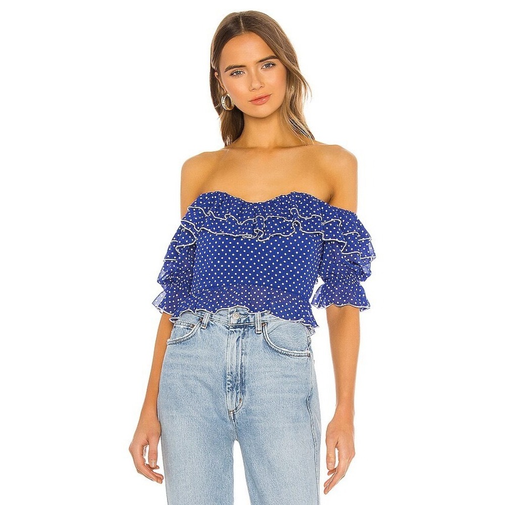Lovers‎ + Friends Blue Polka Dot Ruffle Off The Shoulder Crop Top Small